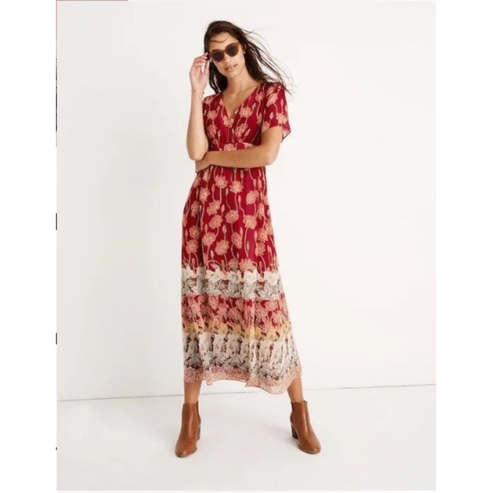 Madewell Dress Maxi Womens 00 NWT‎ V-Neck Red Floral Border Hem Boho Cottagecore